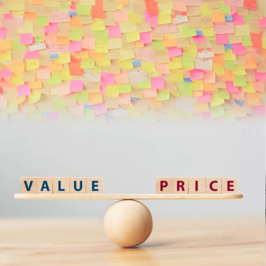 A balance scale with 'VALUE' and 'PRICE'